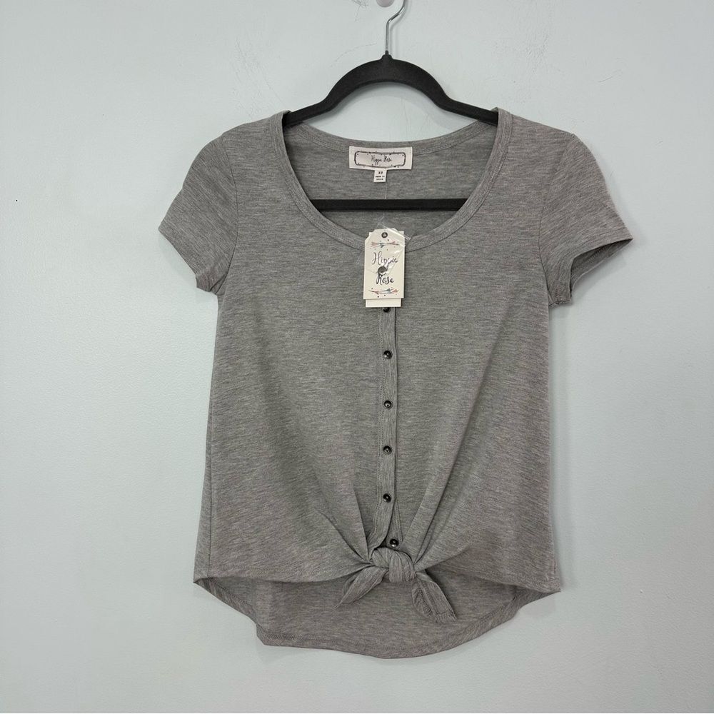 Hippie Rose Light Gray Short Sleeved Shirt-Size XS-Button Down Tie Bottom
